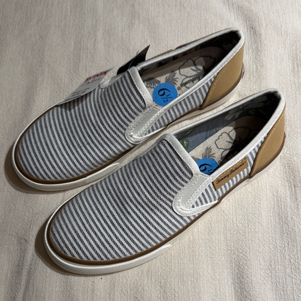 Tommy Bahama Blue and White Striped Slip-On Loafers